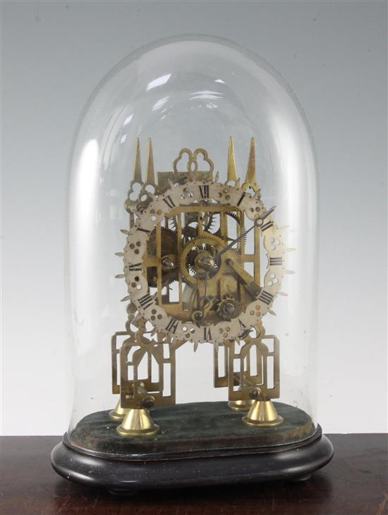 A Victorian brass skeleton clock, 14.5in. incl. dome